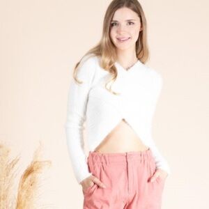 A138. White Fuzzy Wrap Sweater